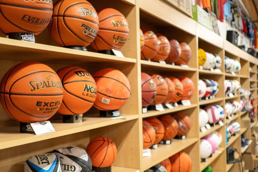 Basketballs displayed in goetz sports